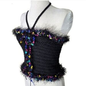 HANDCRAFTED Top Corsetted Cropped Crochet Black Size M